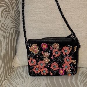 Zara Black Velvet Bag with Floral Embroidery Using Sequins, Beads,& Shells